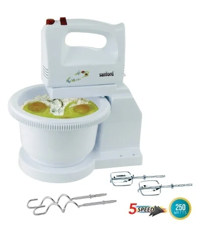 Sanford SF1356SM white mixer with red controls, bowl and attachments