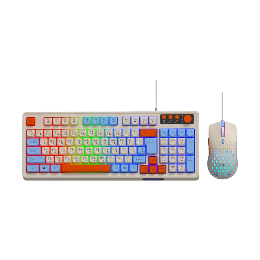 T-WOLF TF100 (+Blue+Orange Keycap) Wired Keyboard & Mouse Gaming Combo with Bangla