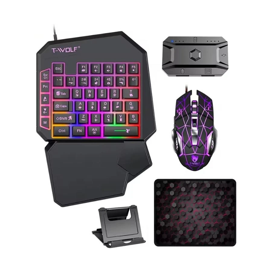 T-WOLF TF950 5 In 1 Wired Keyboard, Mouse, Mouse pad, Converter & Phone Holder Gaming Combo