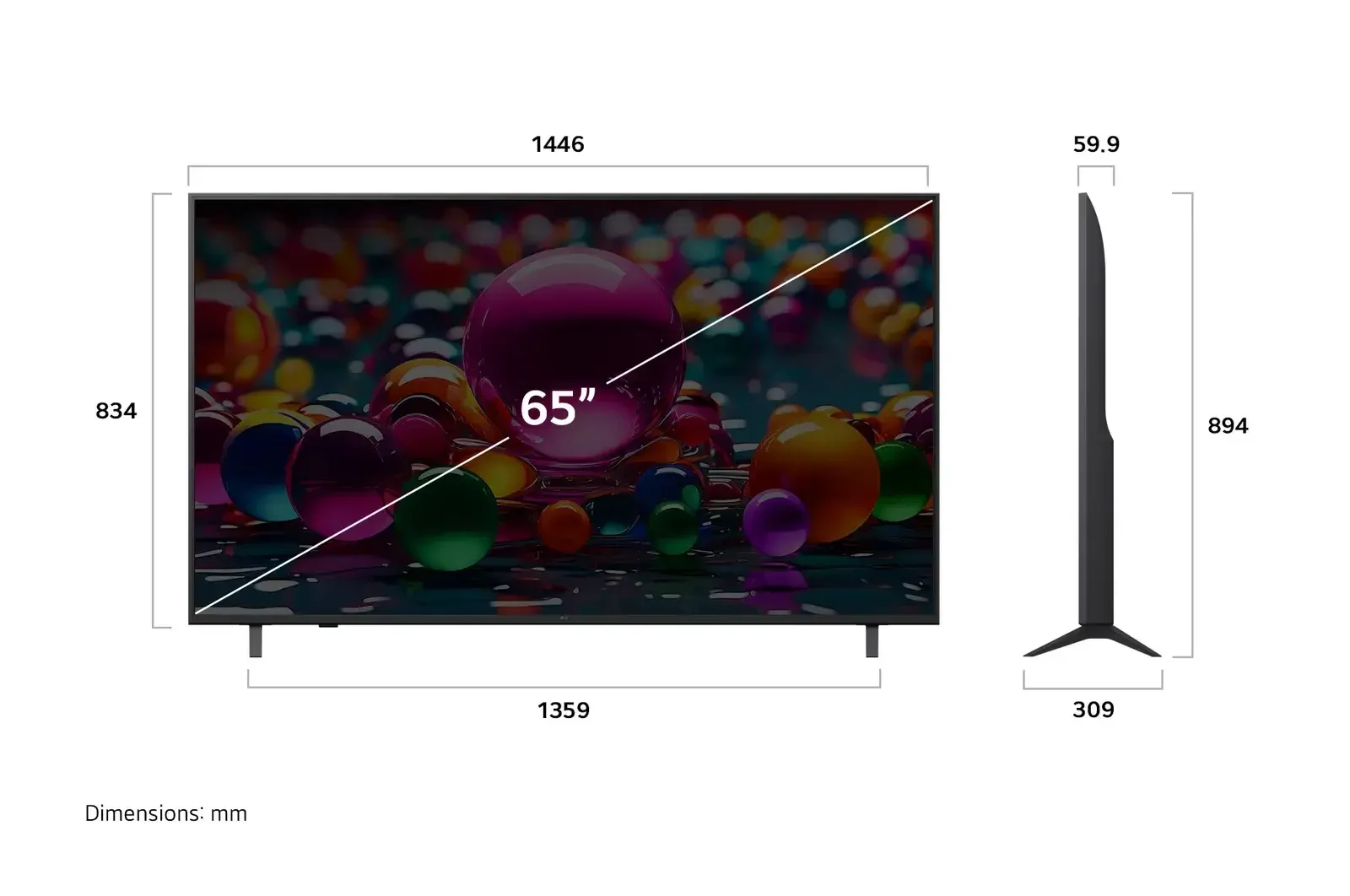 LG 65UA8450PSA 65-inch UA84 4K UHD smart TV, dimension diagram showing screen width, height and stand depth