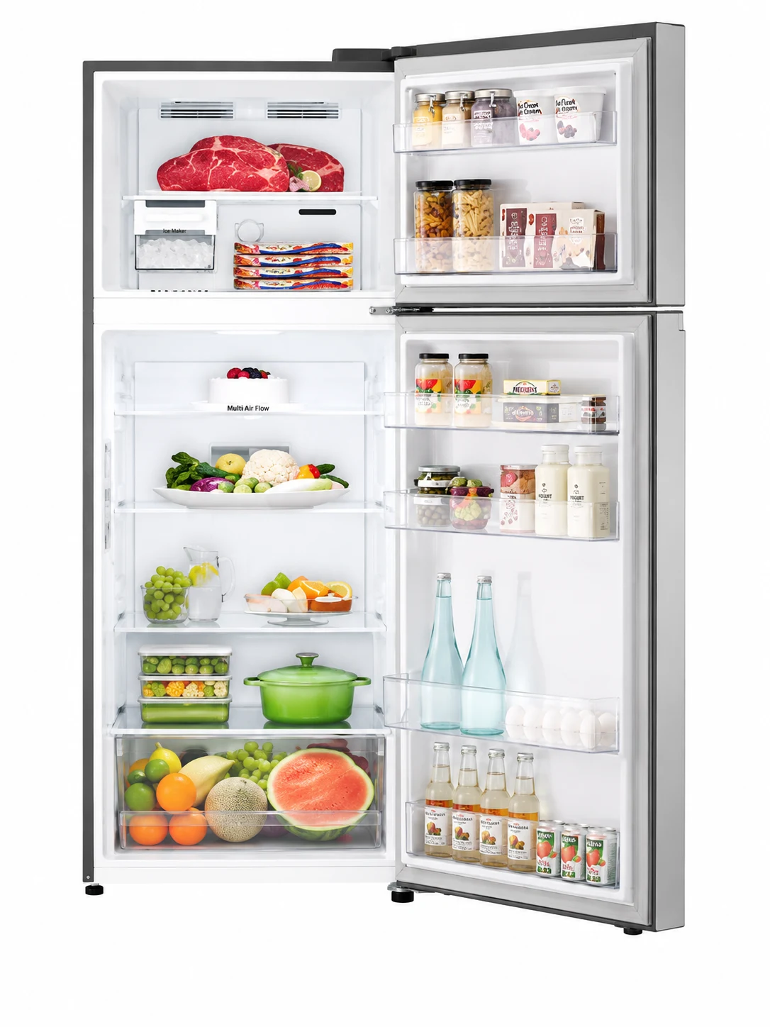 LG 2B392PXCB-VT6 refrigerator with doors open, interior shelves visible