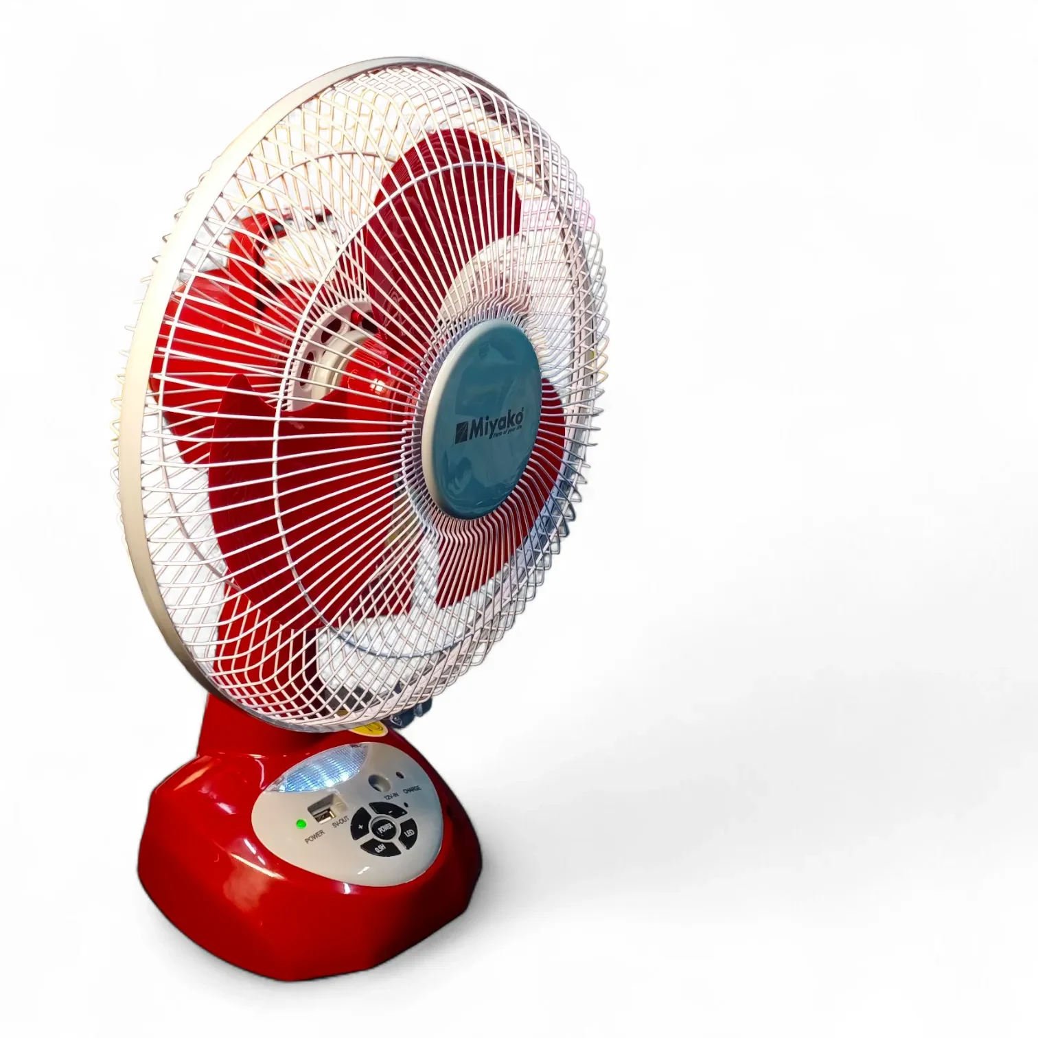 Red Miyako KL-1200USB 12-inch rechargeable fan, side angle