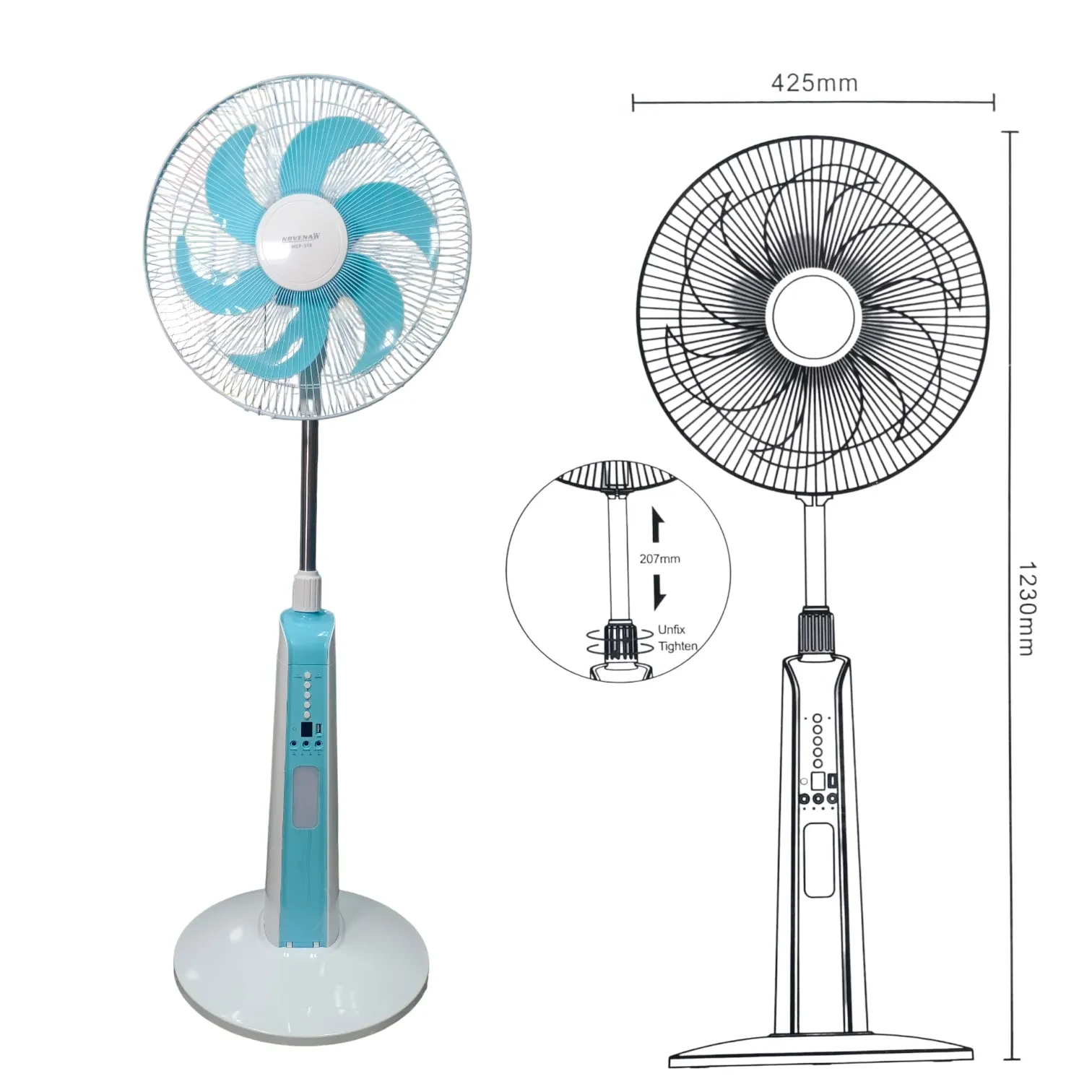 Novena NCF-316 stand fan dimension diagram showing adjustable height and 425 mm diameter