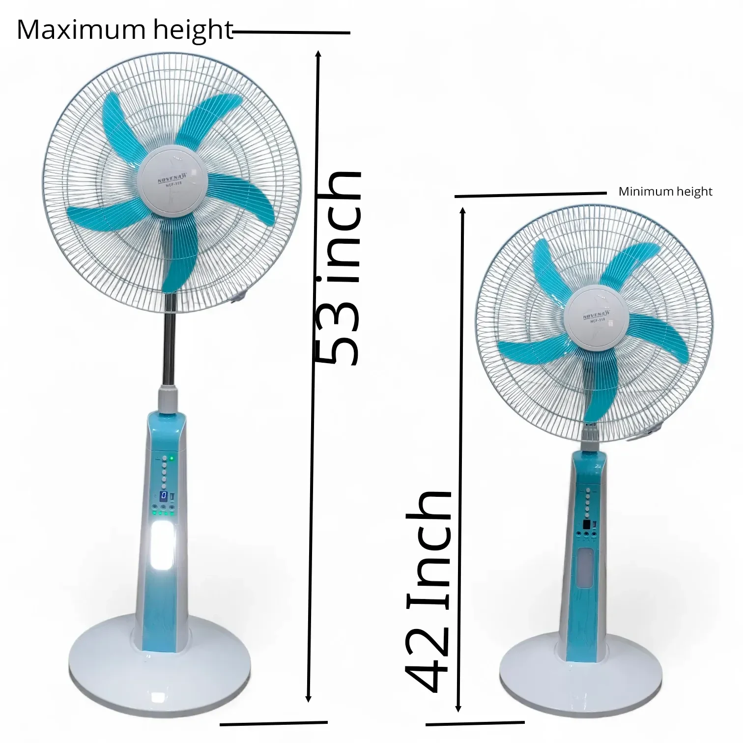Novena NCF-318 fan adjustable height shown at two positions