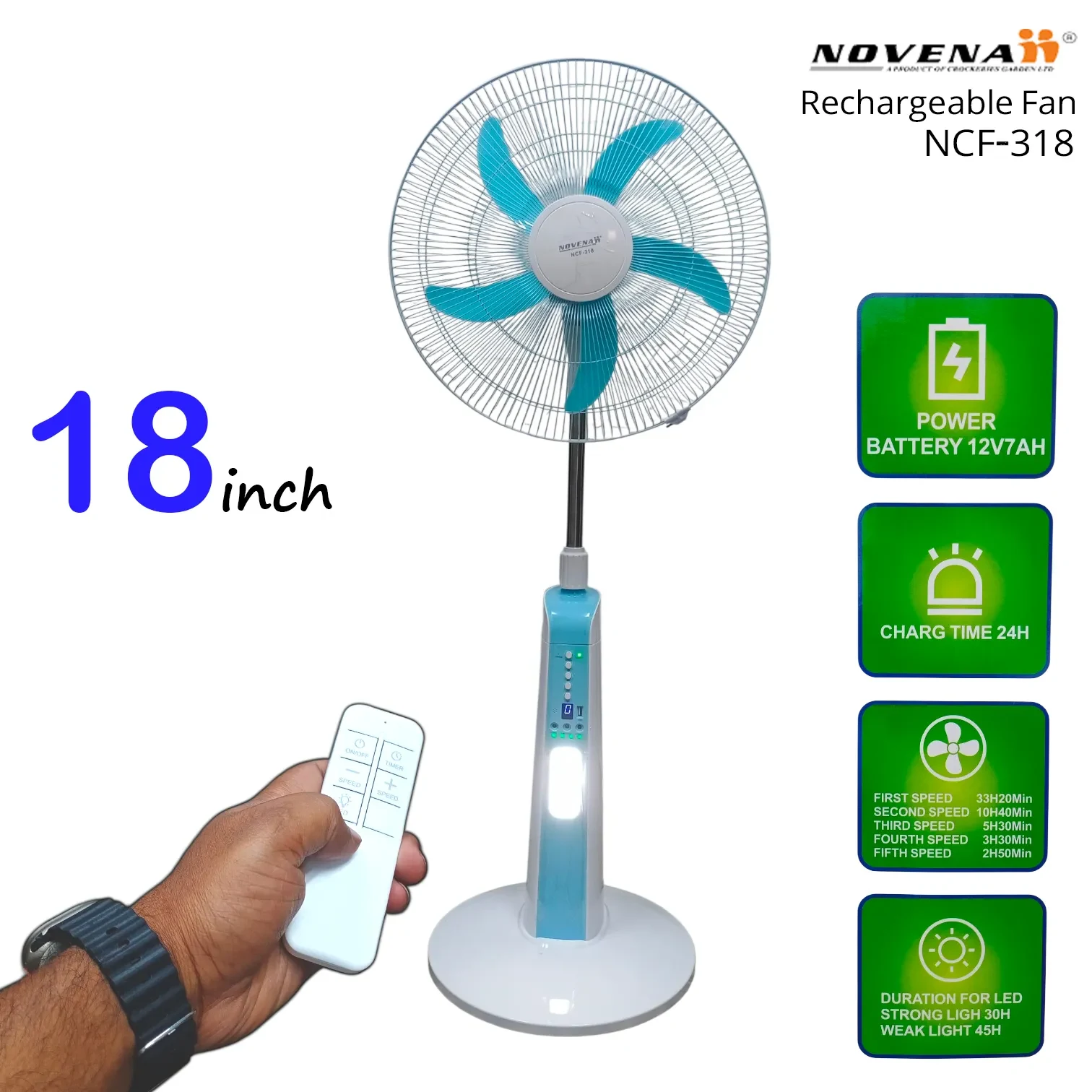 Novena NCF-318 18-inch Rechargeable Tower Fan
