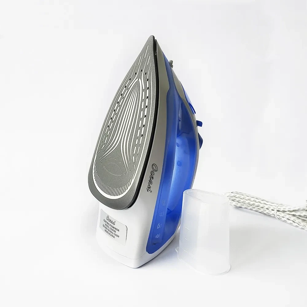 Ocean OSI808BC blue steam iron showing ceramic soleplate and water cup