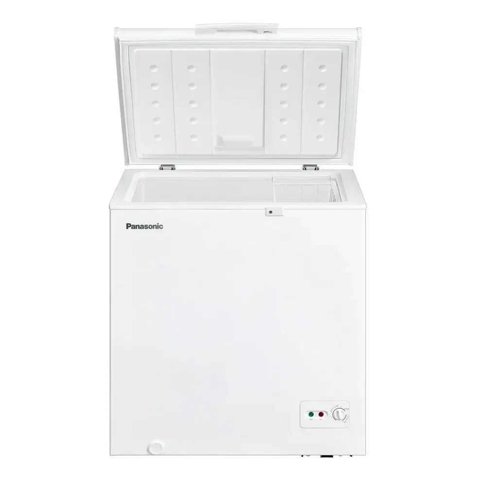 Panasonic SCR-CH150H7B chest freezer with open lid and interior basket