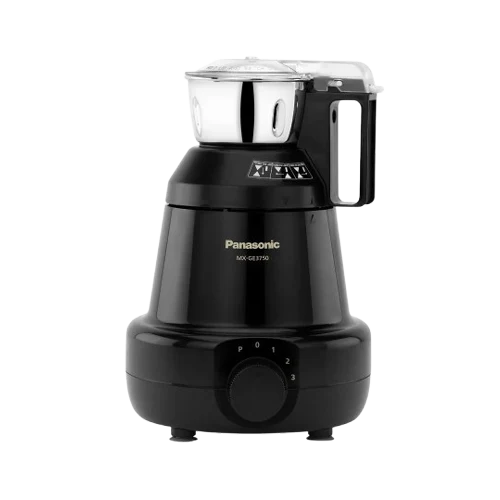 Front view of Panasonic MX-GE3750 black mixer grinder with stainless-steel jar