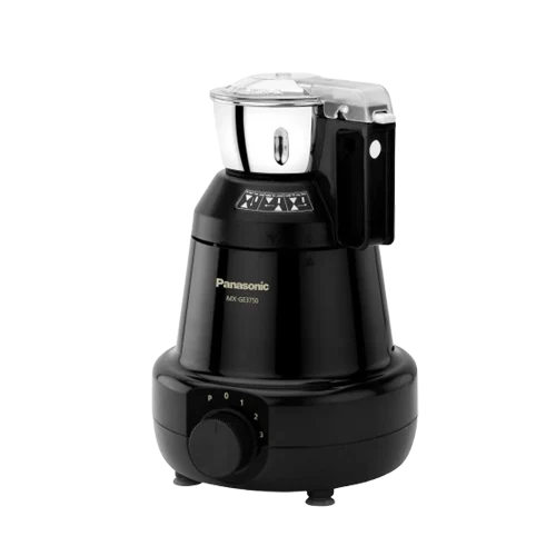 Angled view of Panasonic MX-GE3750 black mixer grinder with stainless-steel jar