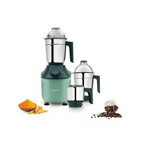 Philips HL7773/02 green mixer grinder displayed with its three stainless-steel jars
