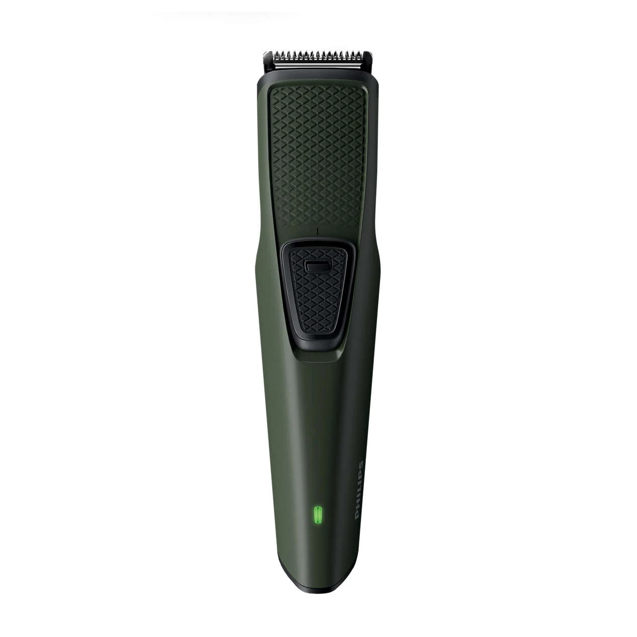 Philips BT1230/15 olive beard trimmer front view with cutting head and charging indicator