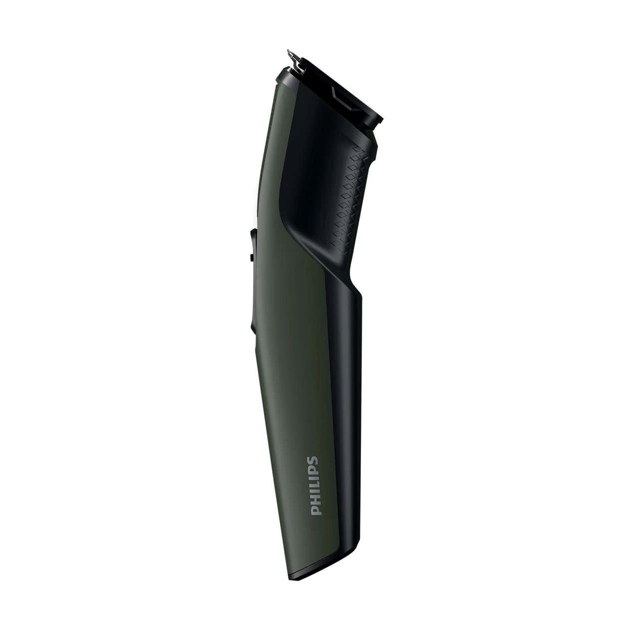 Side view of the Philips BT1230/15 olive and black beard trimmer