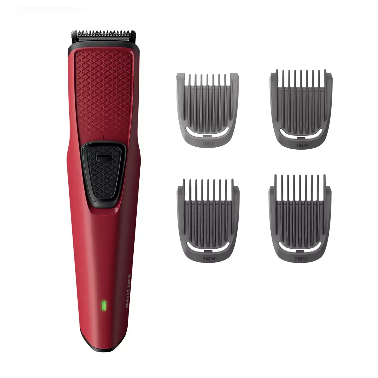 Philips BT1235/15 beard trimmer shown with 1 mm, 3 mm, 5 mm and 7 mm comb attachments