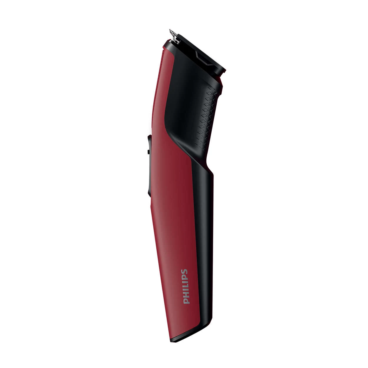 Side view of the Philips BT1235/15 red and black cordless beard trimmer