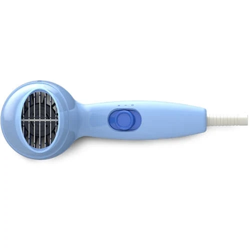 Philips HP8142/00 blue compact hair dryer, rear view showing air intake grille and handle