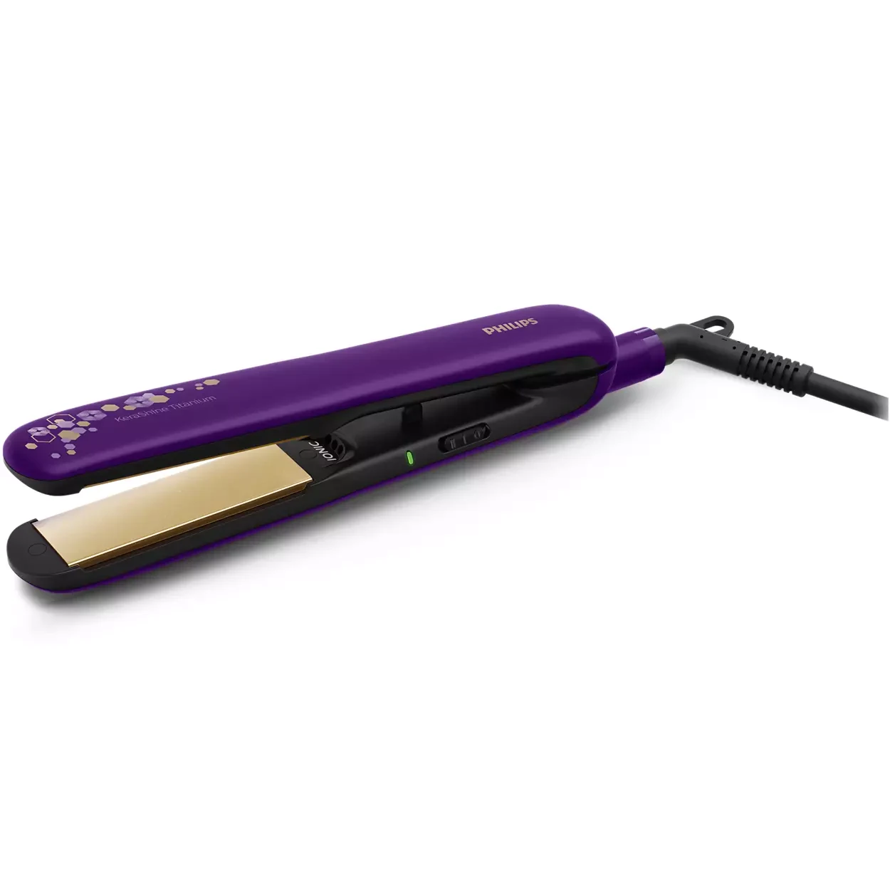 Philips BHS397/00 purple hair straightener open, showing gold styling plates, temperature switch and ion indicator