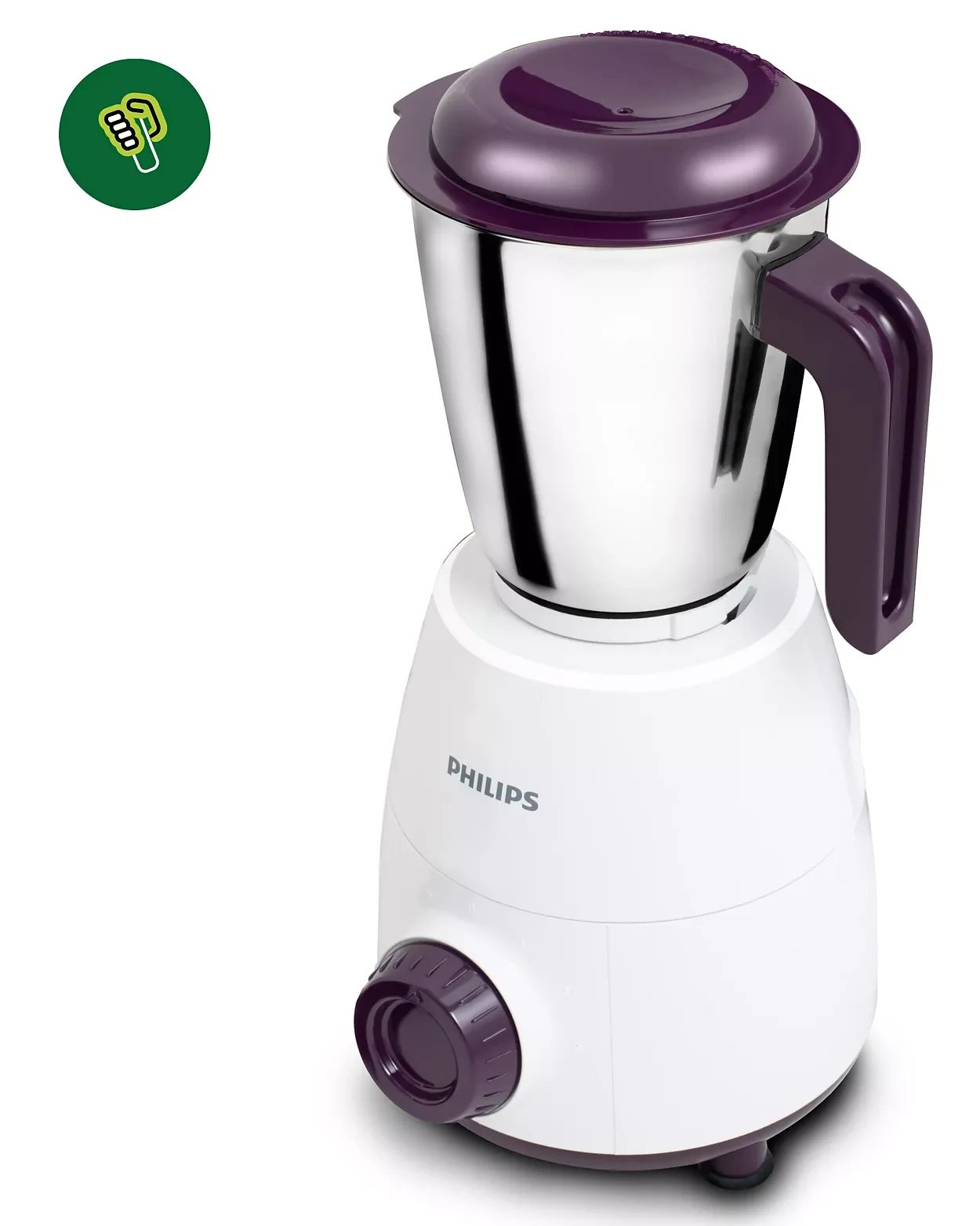 Philips HL7505/00 white and purple mixer grinder base with three stainless-steel jars and lids