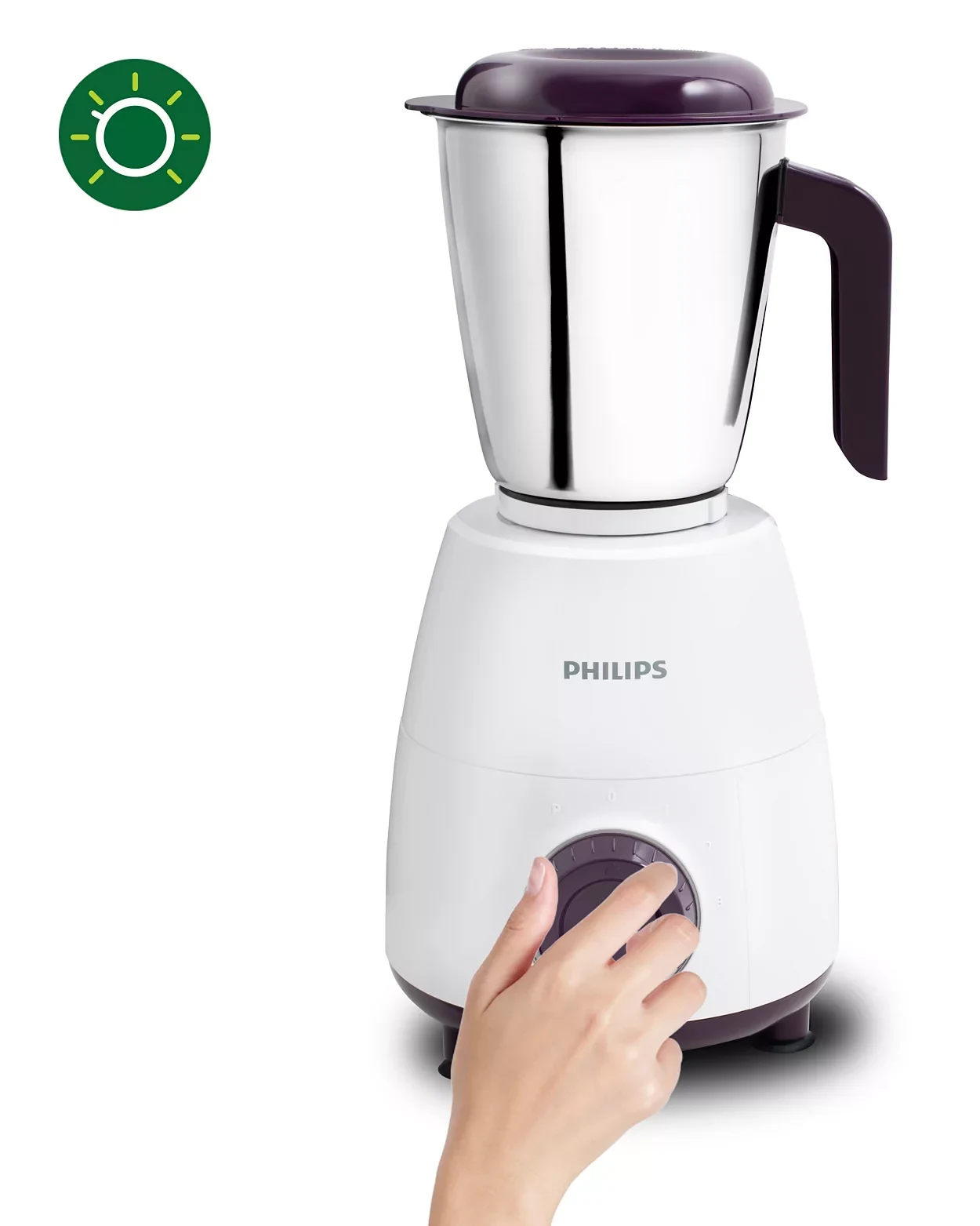 Philips HL7505/00 white and purple mixer grinder base with three stainless-steel jars and lids