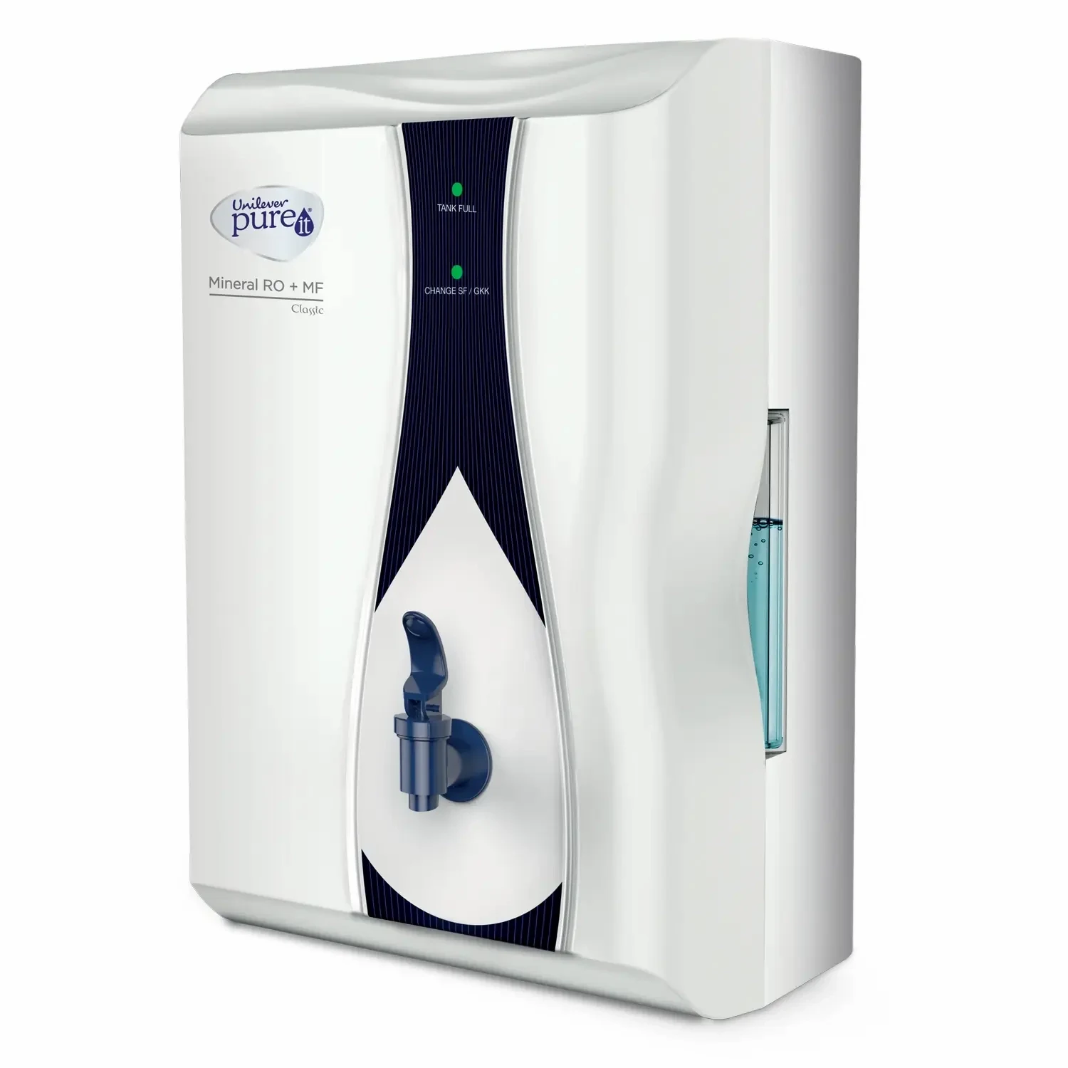 Pureit Classic Mineral RO+MF purifier, angled view showing side water-level window
