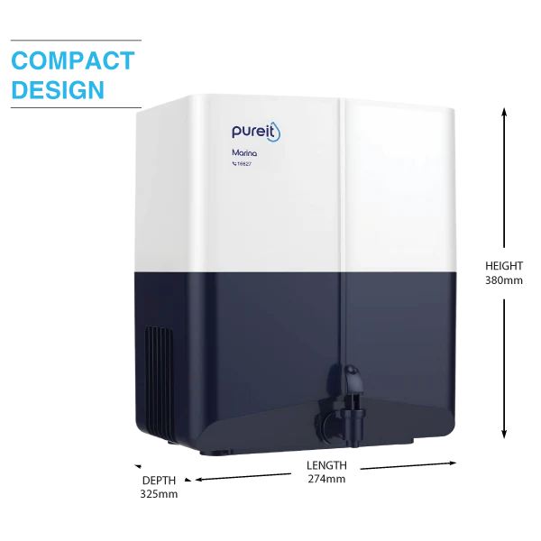 Pureit Marina RO+UV+MF purifier, angled view with compact-design graphic