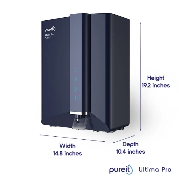 Pureit Ultima Pro purifier, side view with product dimensions