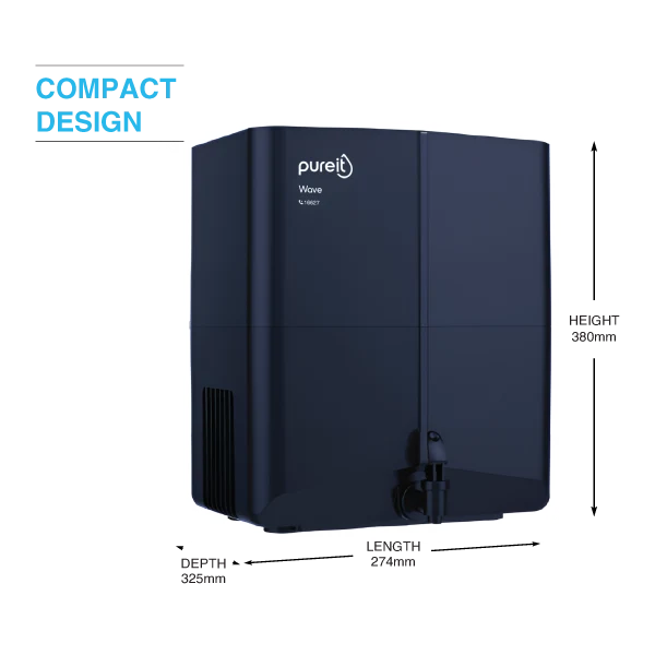 Pureit Wave RO+MF water purifier, side view with dimensions