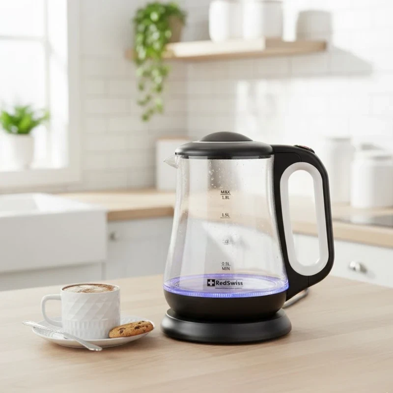 RedSwiss RSEK-1804 1.8L glass kettle with lid open, showing heating plate