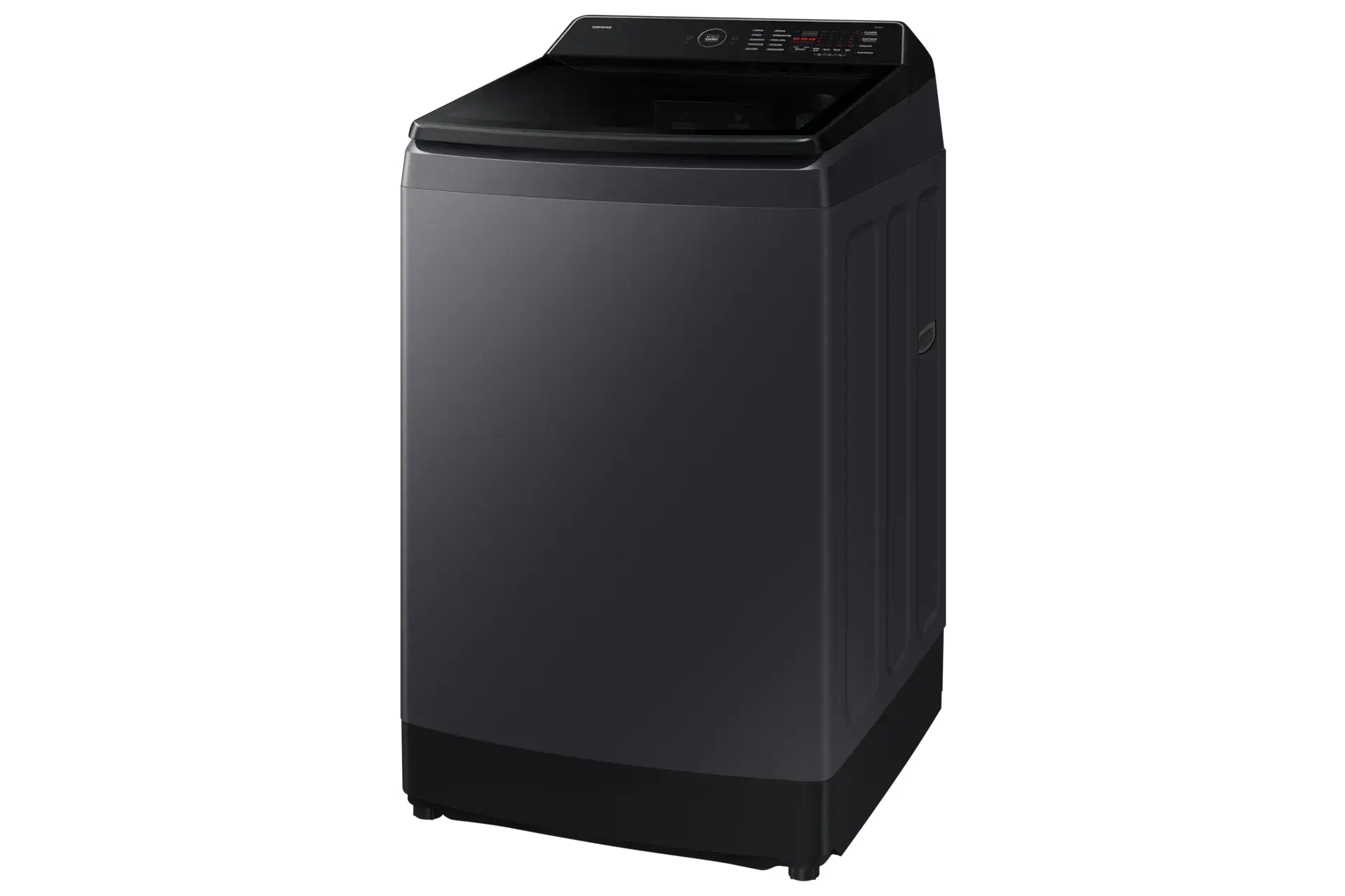 Samsung WA80F12S5CTL Caviar Black top-load washer, front-right three-quarter view