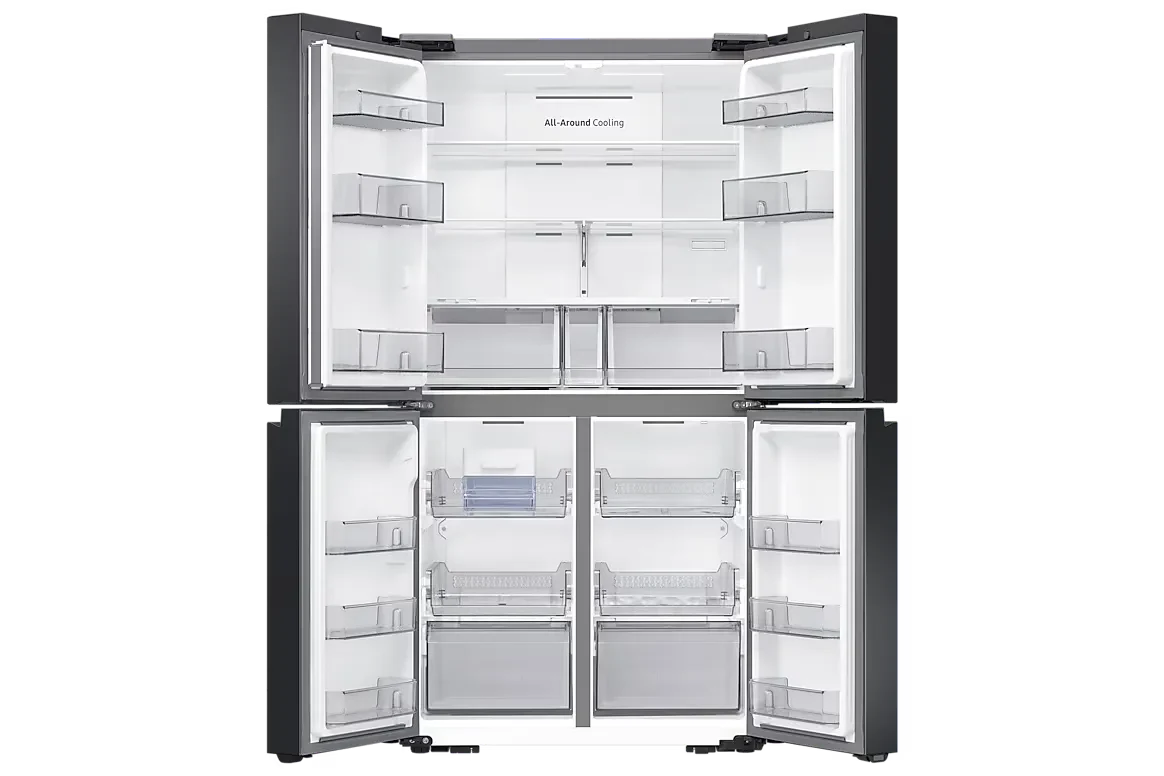 Samsung RF59CB0T08A/ME refrigerator with empty French-door compartments open