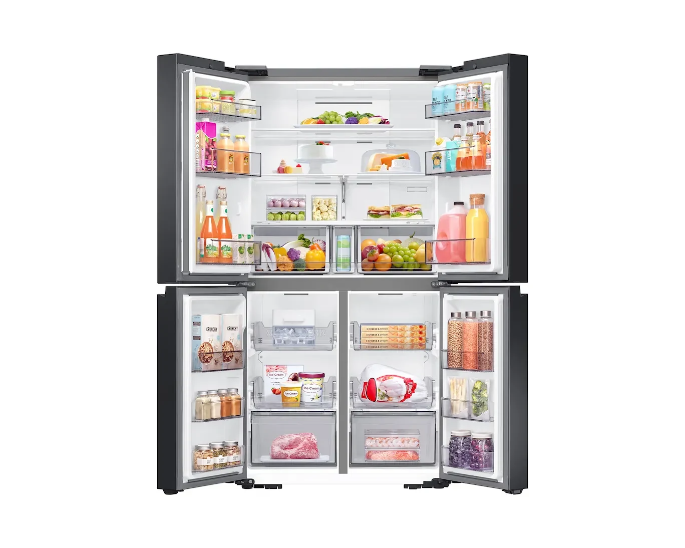 Samsung RF59CB0T08A/ME refrigerator with French-door compartments open and example food visible