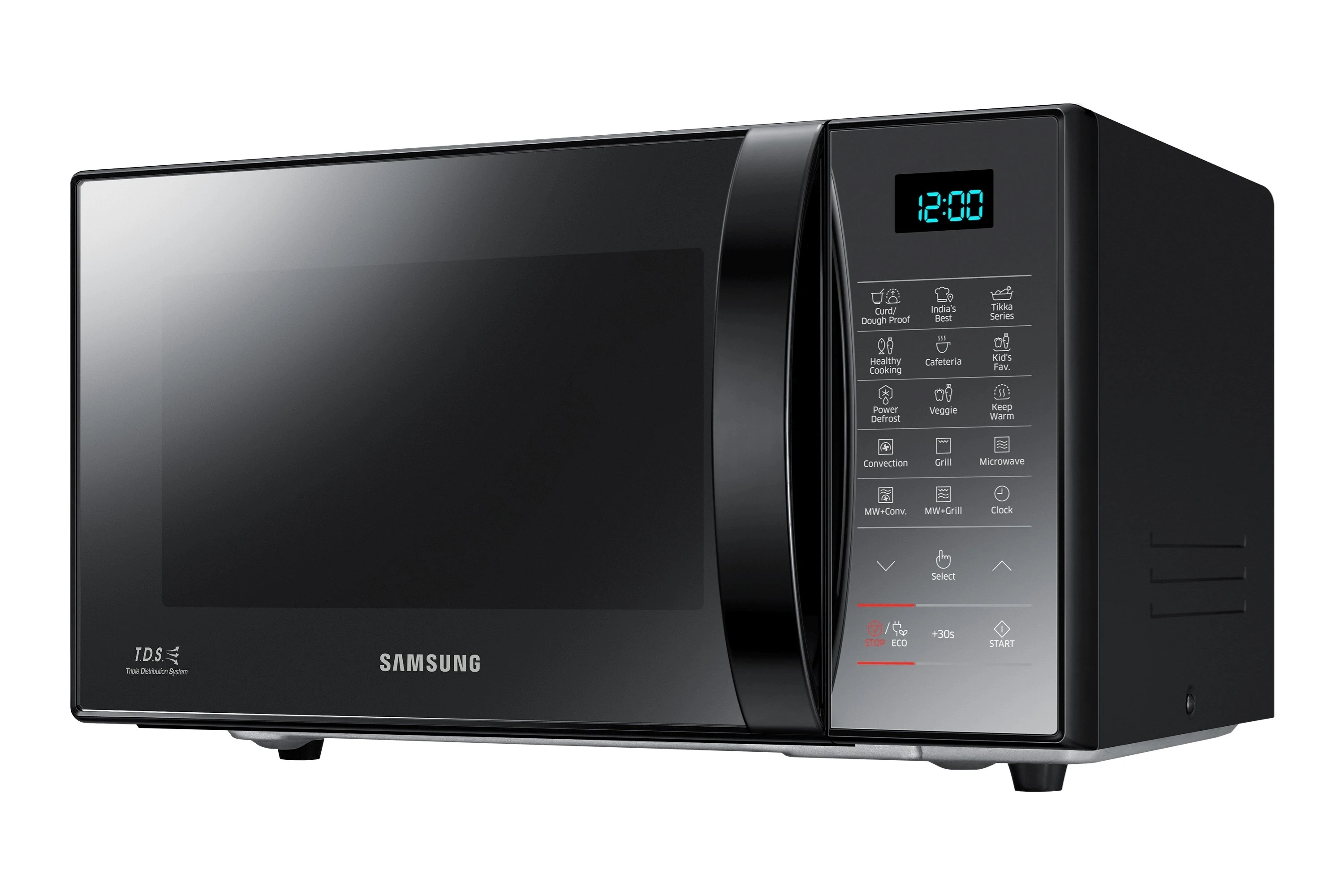 Samsung CE76JD-M/D2 21 L black microwave oven, front-right angle view