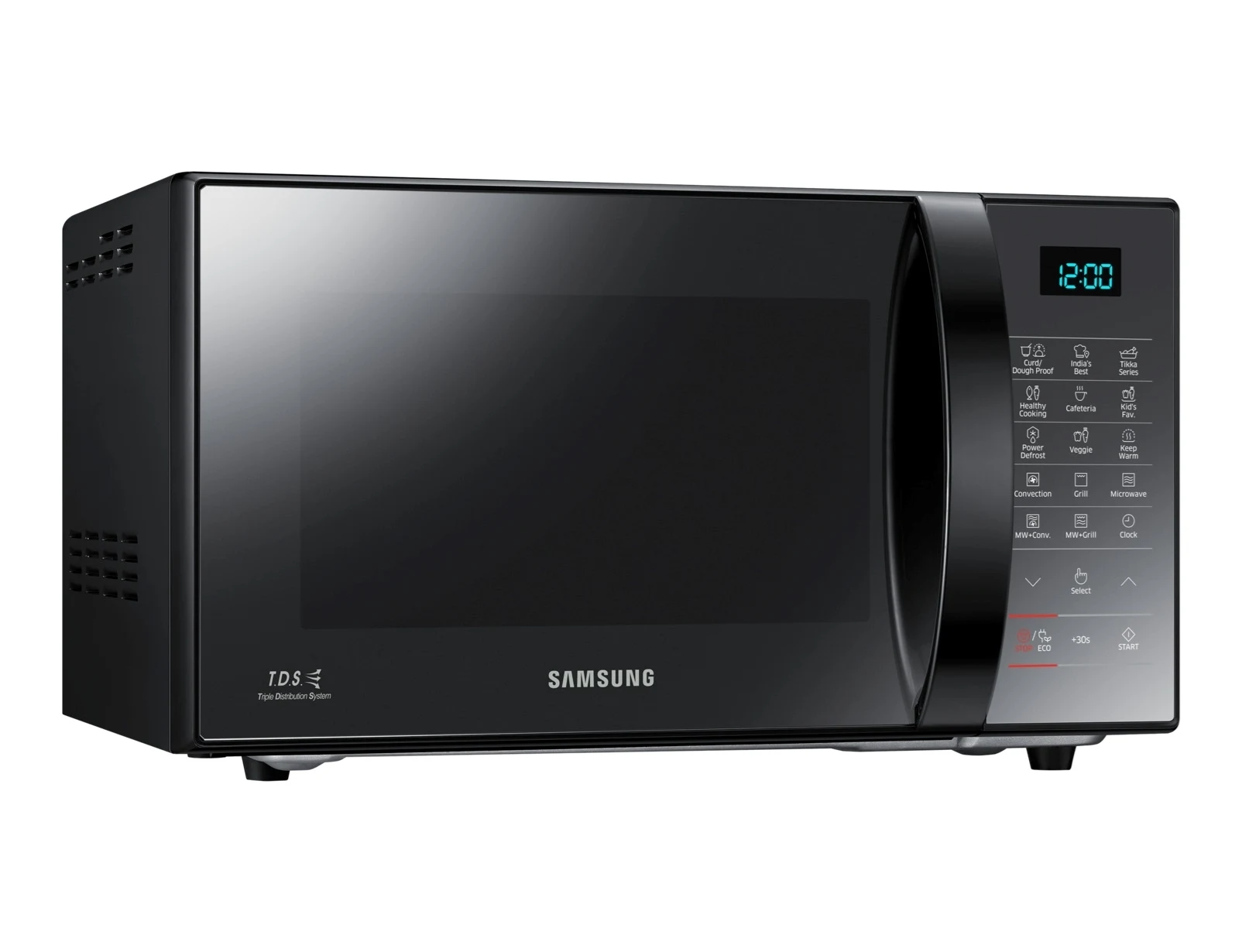 Samsung CE76JD-M/D2 21 L black convection microwave, front-left angle view