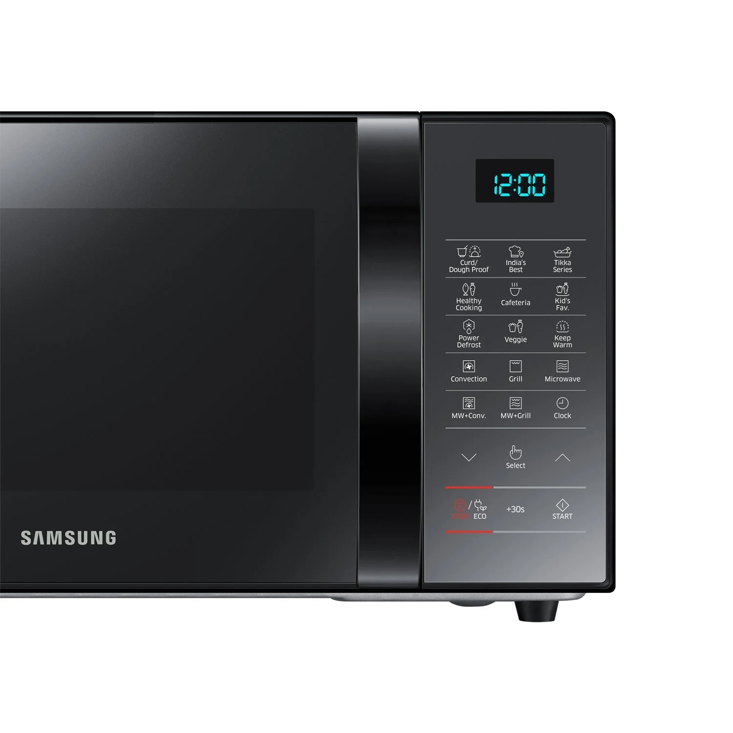 Samsung CE76JD-M/D2 black microwave oven, front detail of door and control panel