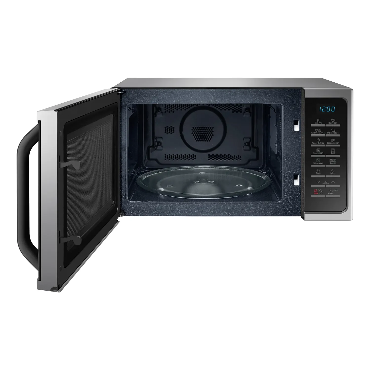 Samsung MC28H5025VS/D2 28 L silver microwave, open door showing ceramic enamel cavity and turntable