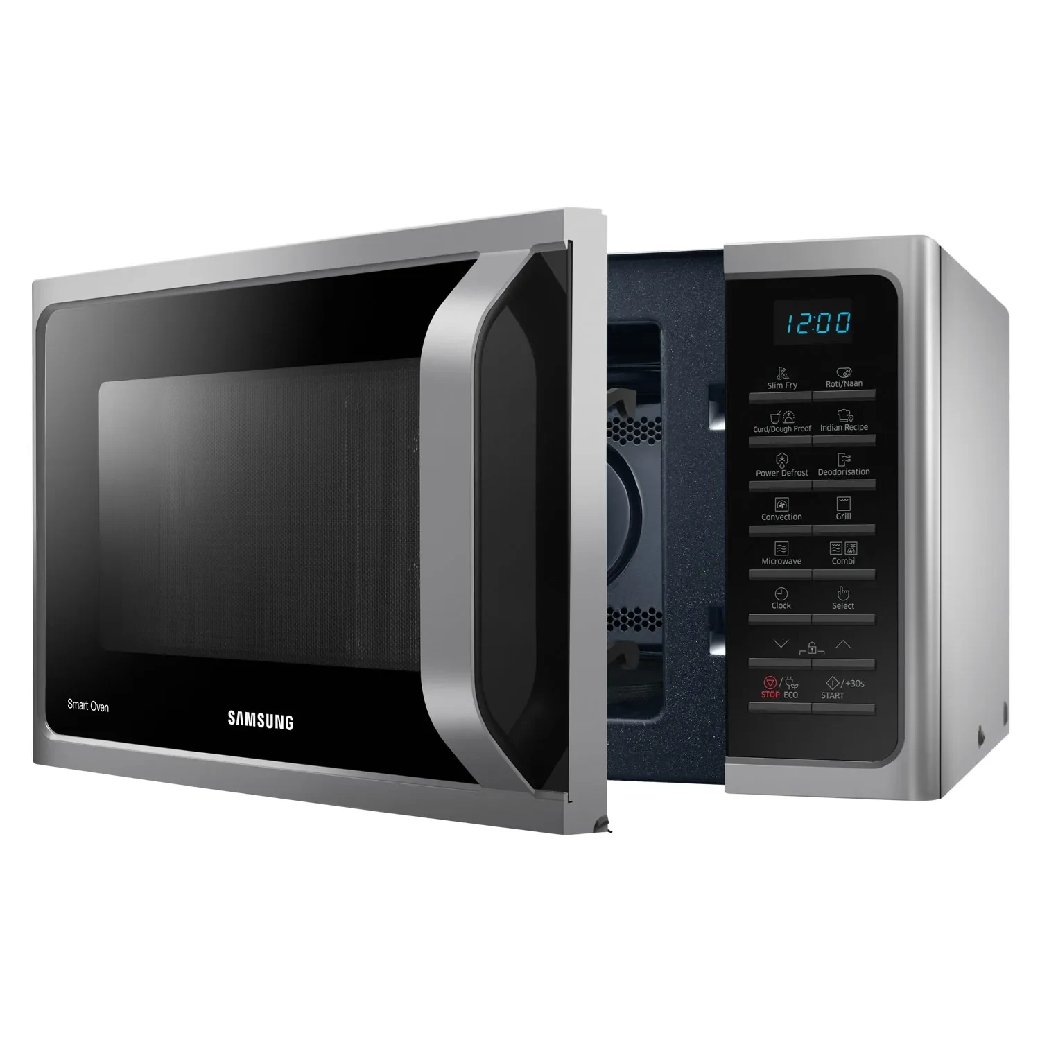 Samsung MC28H5025VS/D2 silver convection microwave, front-left angle with door open