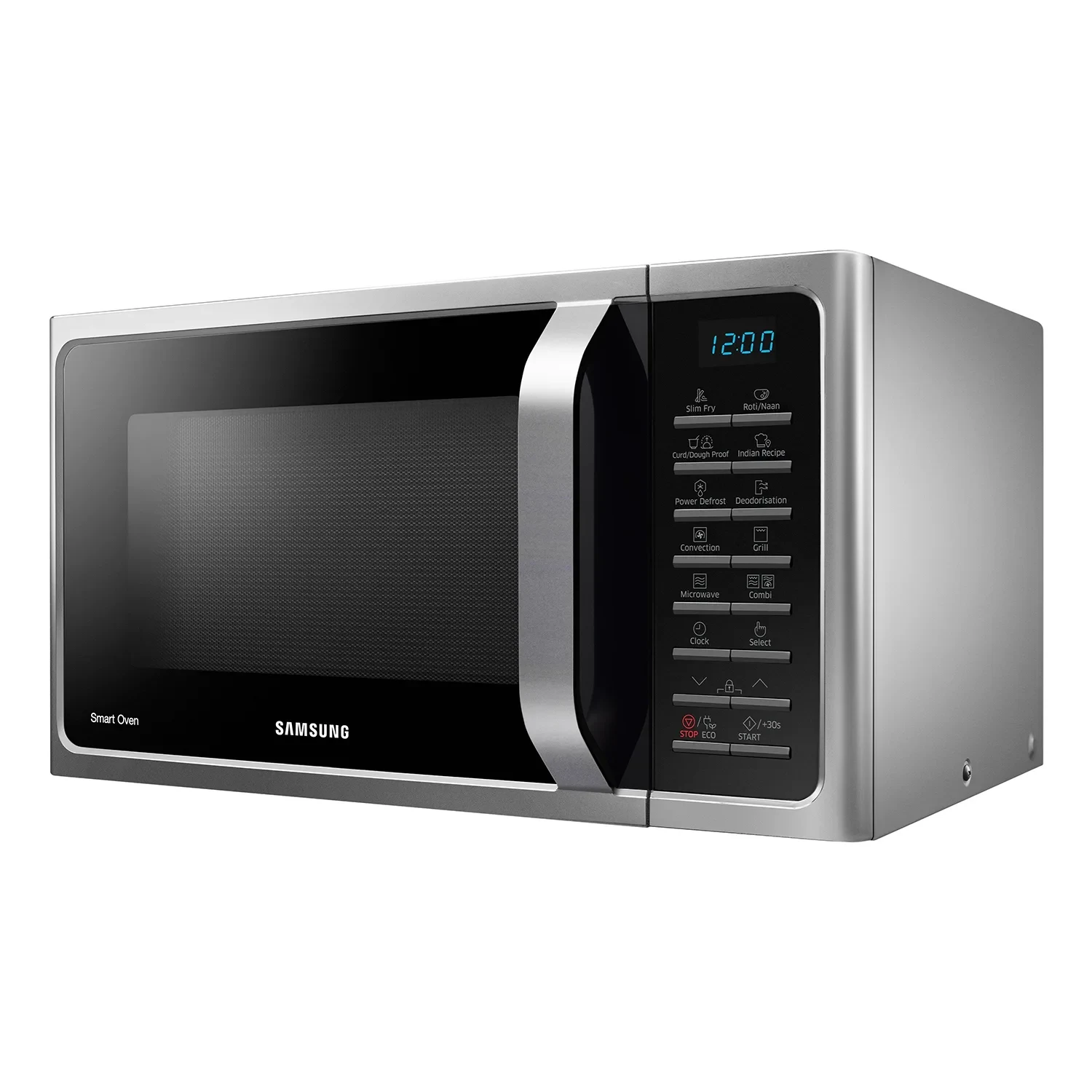 Samsung MC28H5025VS/D2 28 L silver convection microwave oven, front-right angle