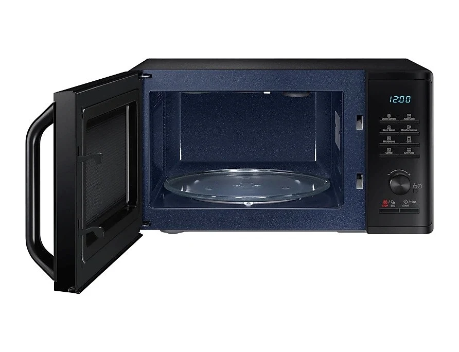 Samsung MG23K3515AK/D2 black grill microwave, open door showing ceramic-enamel cavity and turntable