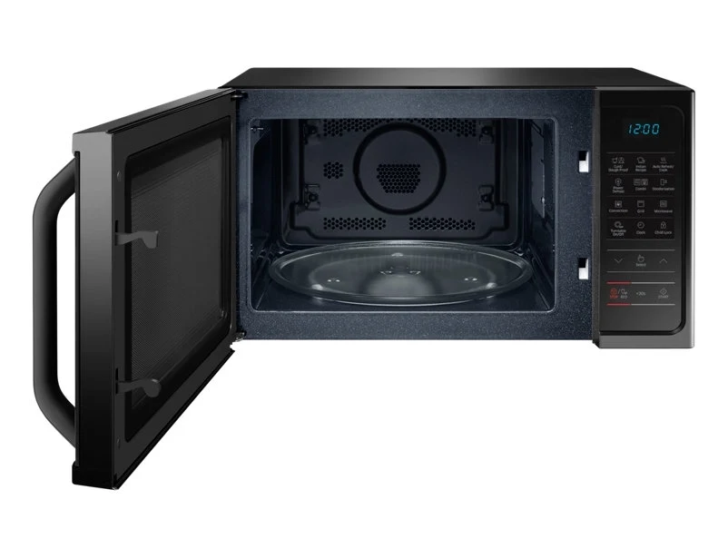 Samsung MC28H5023AK/D2 black convection microwave, open door showing convection fan and turntable