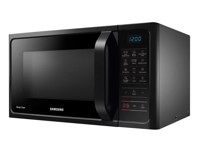 Samsung MC28H5023AK/D2 black convection microwave, angled view showing right side