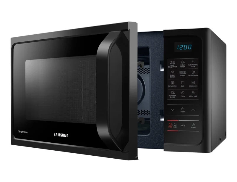 Samsung MC28H5023AK/D2 black convection microwave, partly open door and control panel