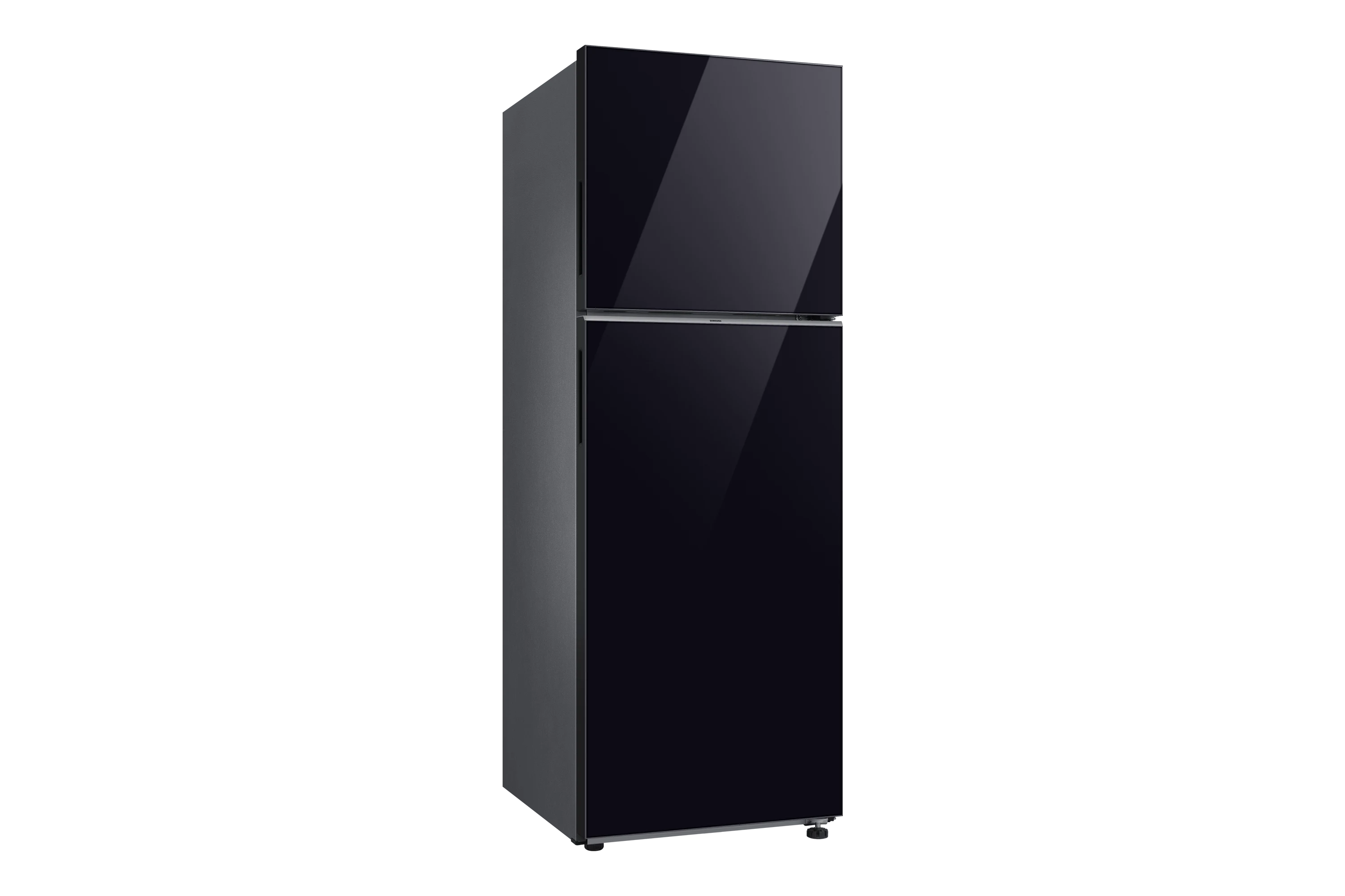 Samsung RT35CB564022D2 black refrigerator, angled view showing left side