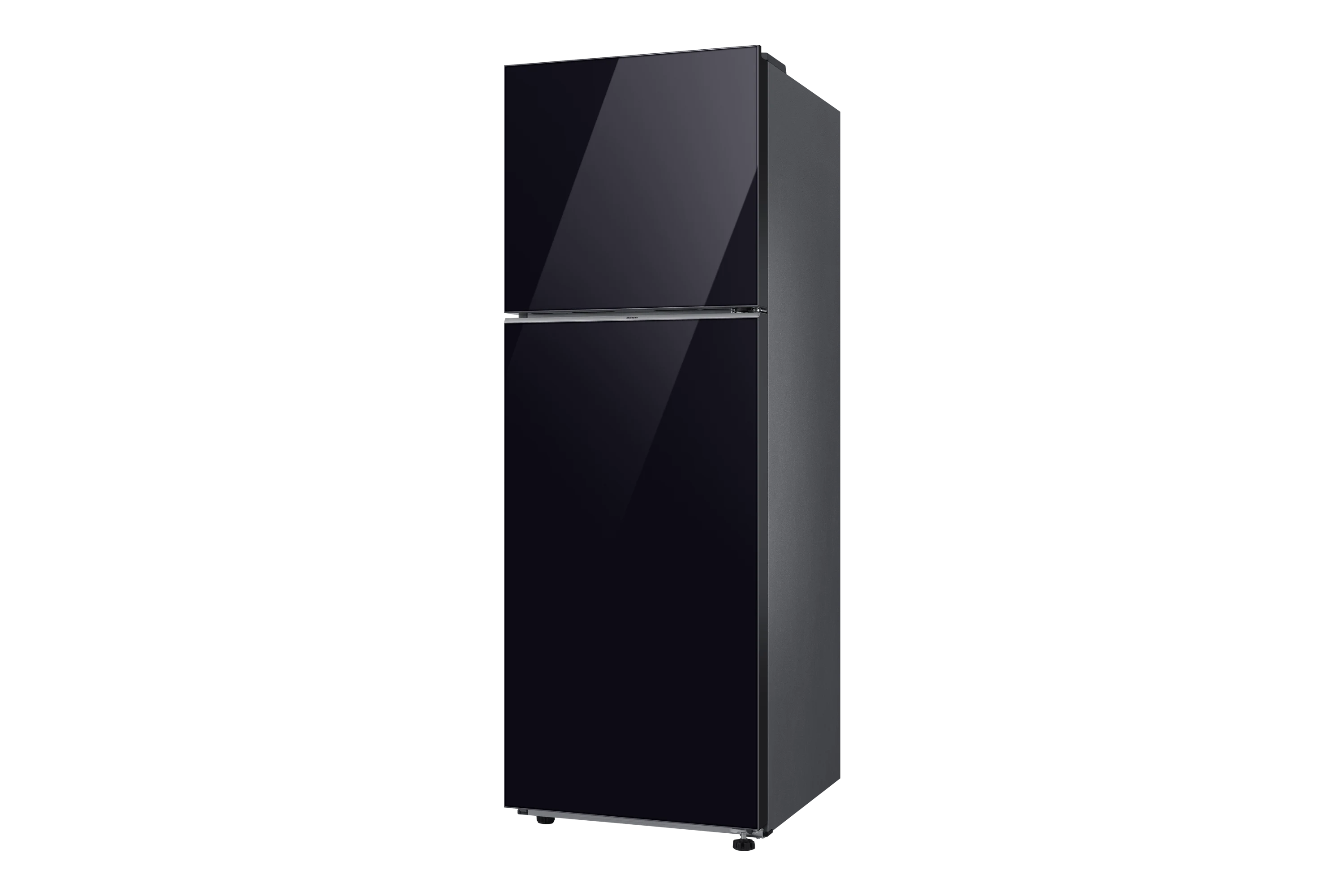 Samsung RT35CB564022D2 black refrigerator, angled view showing right side