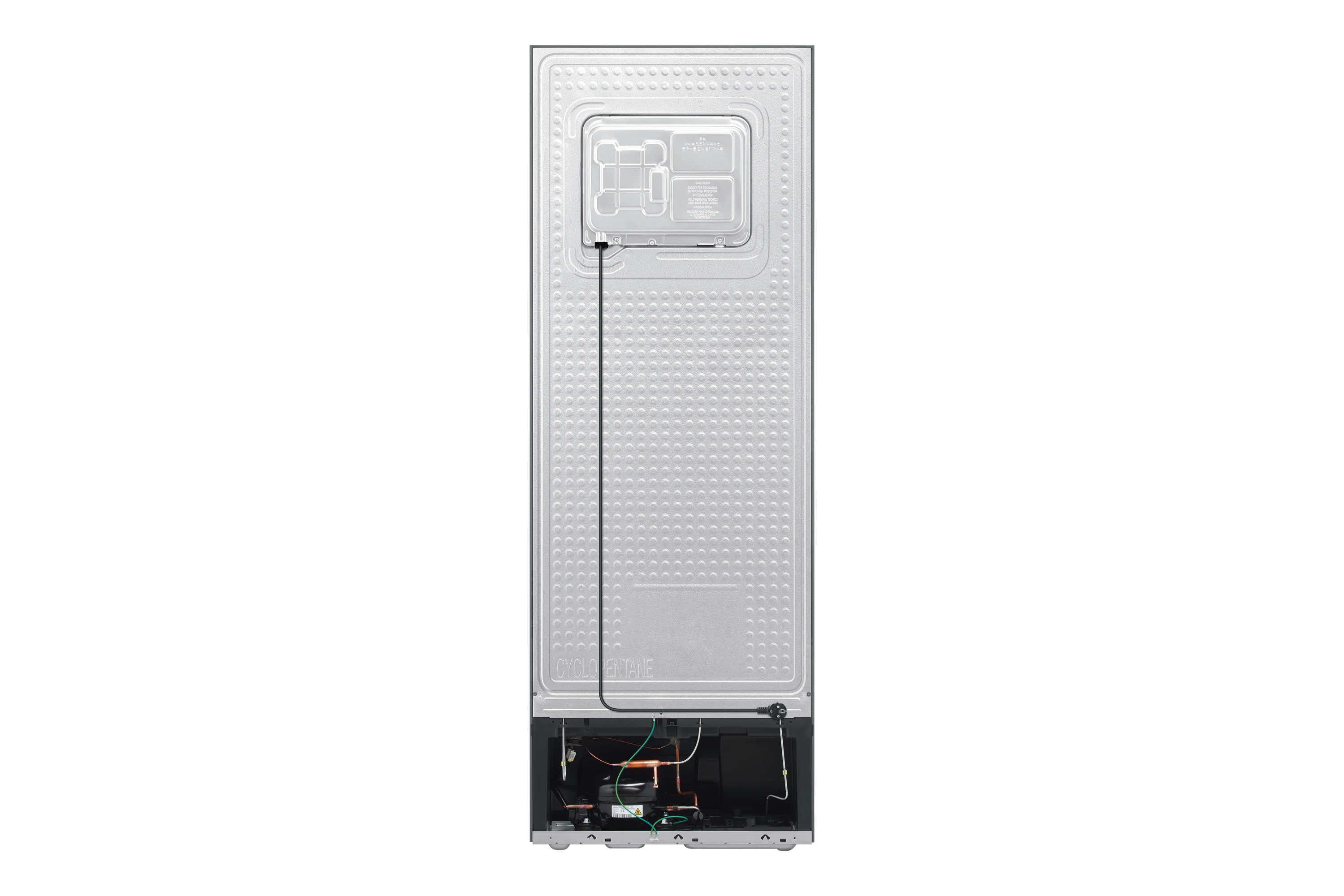 Rear view of refrigerator cabinet and lower compressor compartment