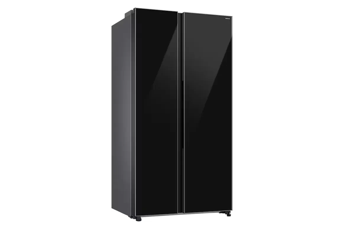 Samsung RS70F65Q1BLV refrigerator, angled view of plain front doors