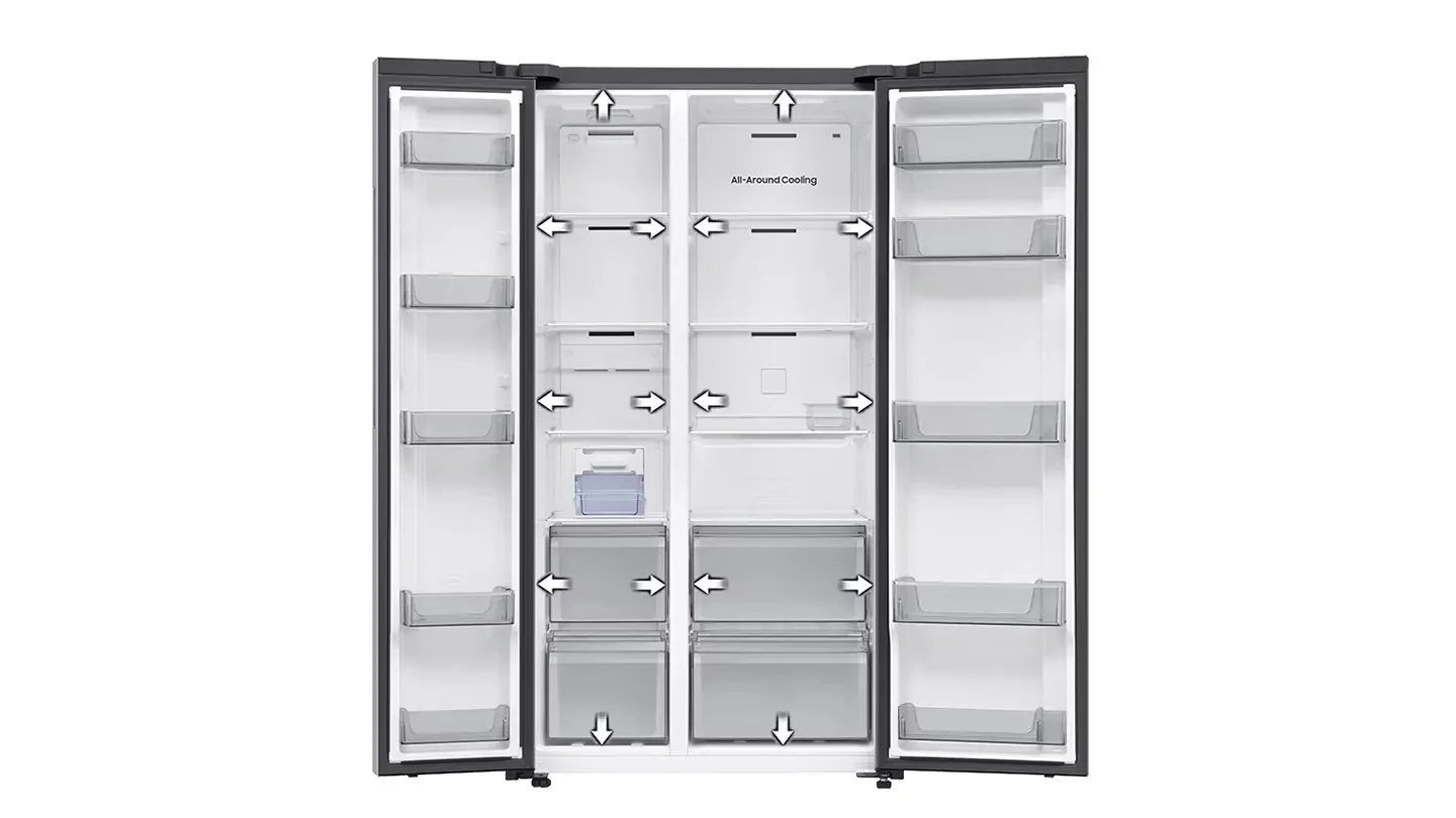 Samsung RS70F65Q1BLV open refrigerator with airflow illustration