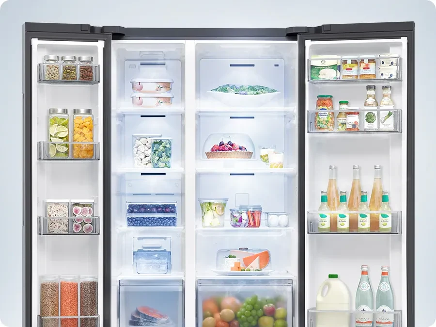 Samsung RS70F65Q1BLV interior detail with example food storage