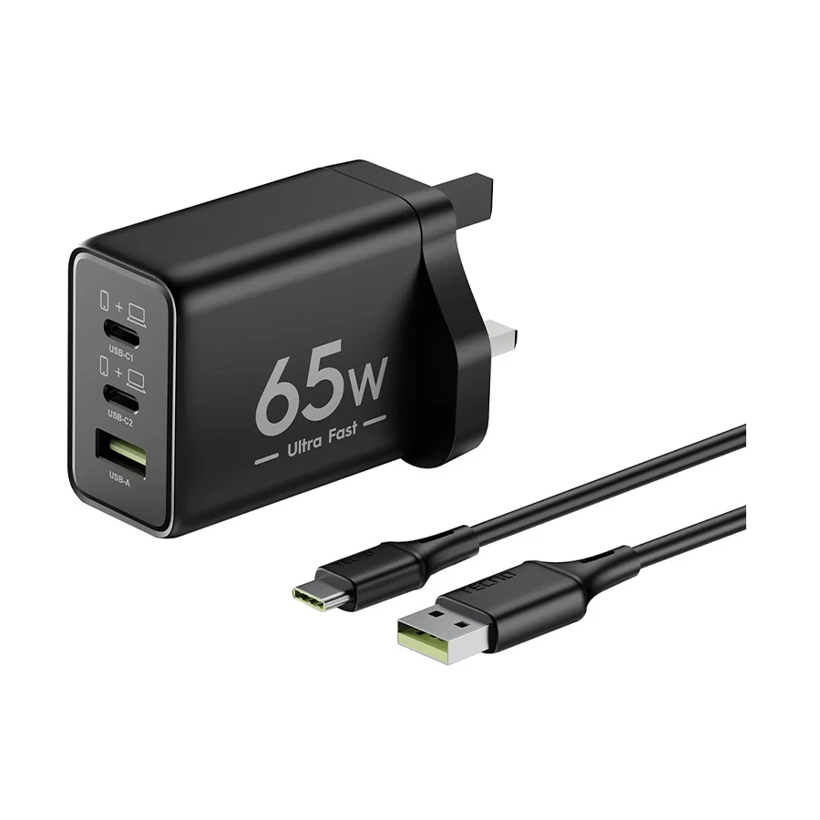 TECNO TCW-U60T USB & Dual USB-C 65W GaN Charger / Charging Adapter with USB-C Cable (UK)