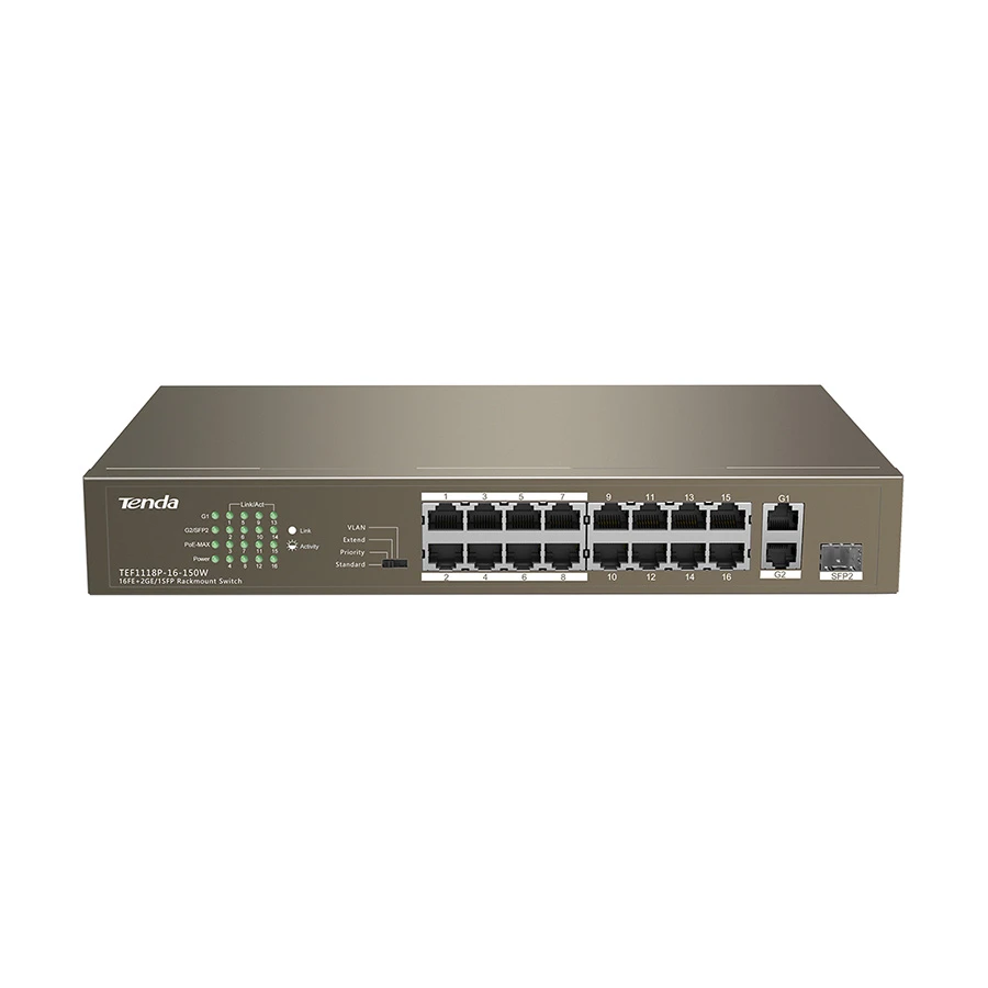 Tenda TEF1118P 19 Port (16 Port 10/100Mbps PoE + 2 Port Gigabit + 1 Port 1000 Base-X SFP) Unmanaged Smart PoE Switch #TEF1118P-16-150W