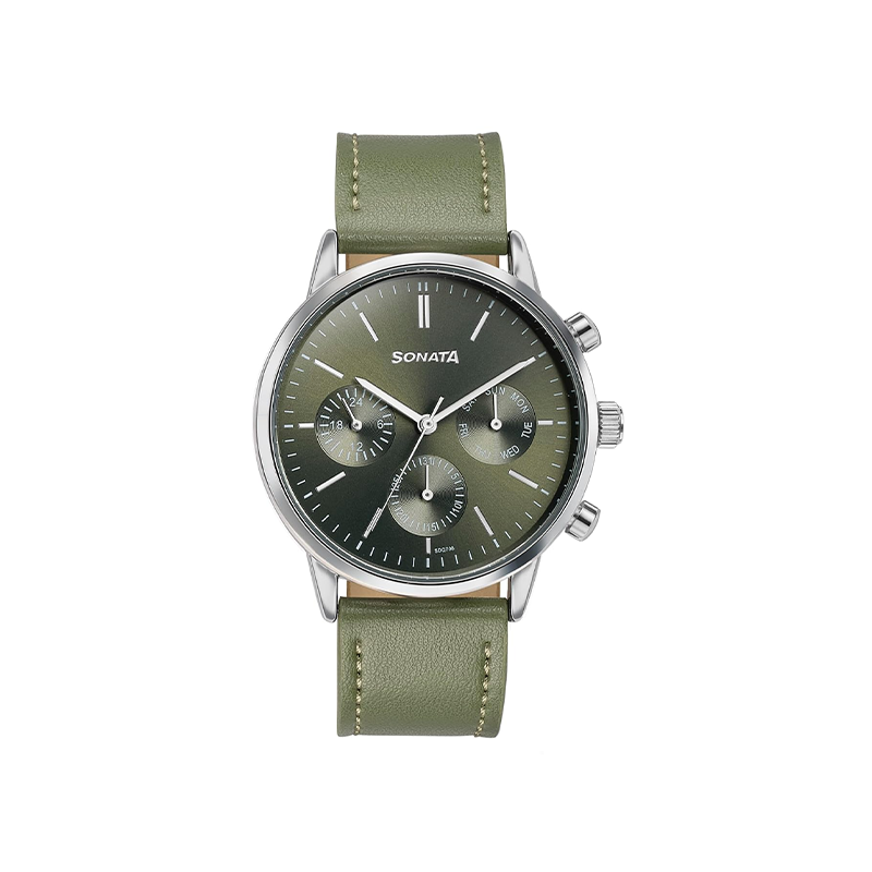 Titan Sonata Quartz 77139SL02 Multifunction Analog Leather Strap Men's Watch