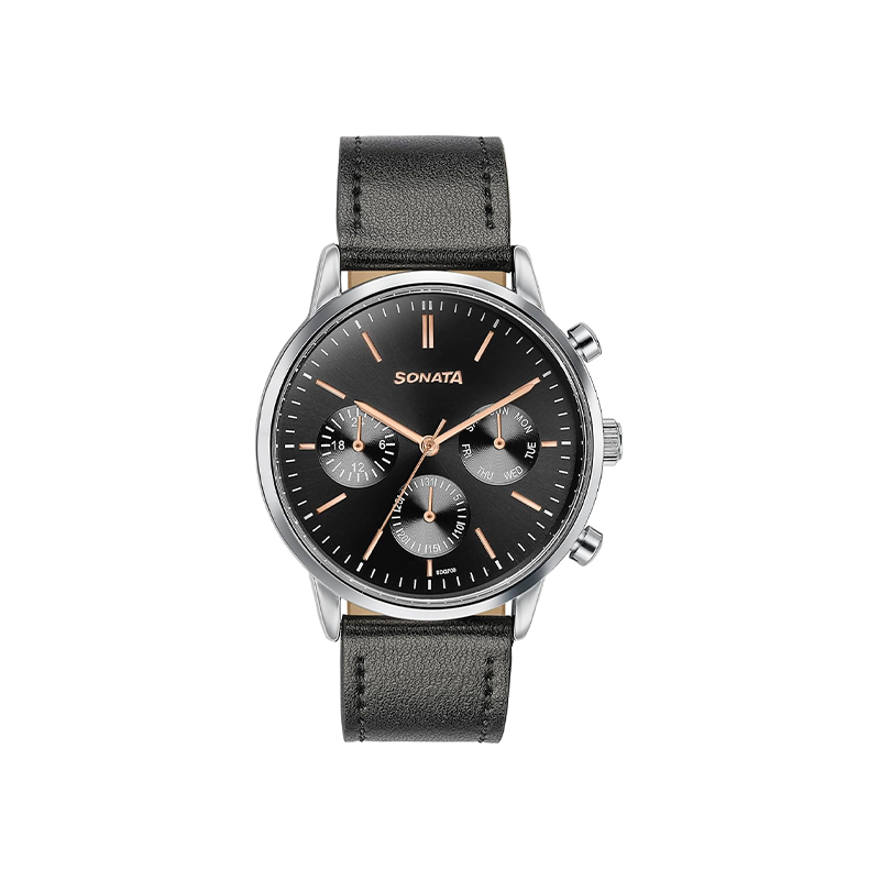 Titan Sonata Quartz 77139SL03 Multifunction Analog Leather Strap Men's Watch